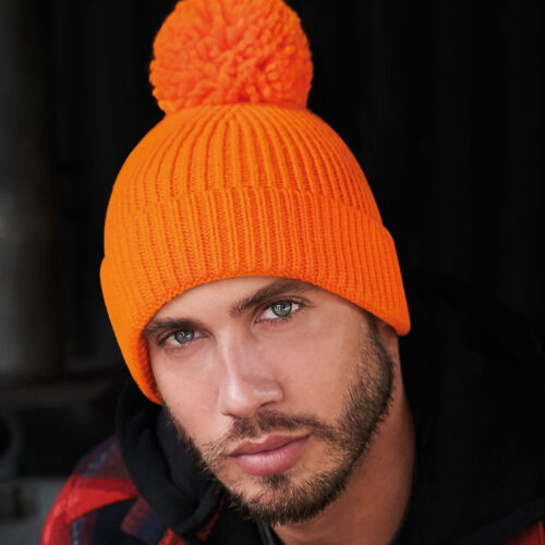 Beechfield Engineered Knit Ribbed Pom Pom Beanie Thumbnail
